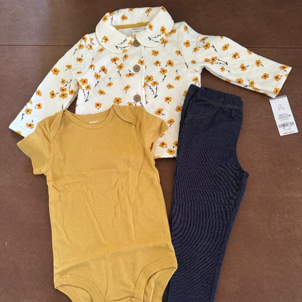 Carter's Girls 3-PC Outfit: Floral Quilted Jacket, Jeggings, Bodysuit, 18 months